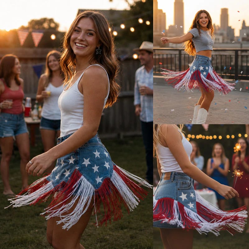 USA 250th Anniversary Patriotic Denim Fringe Belt