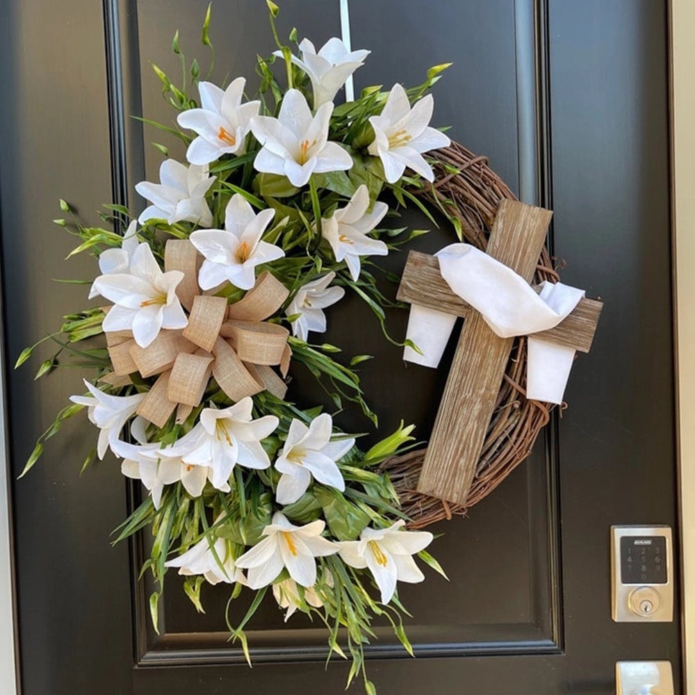 đ#1 Bestselling - âď¸ Easter âHoly Embraceâ White Lilies Crucifix Wreath