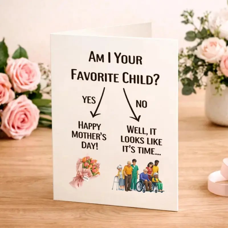 💐 Funny Mother’s Day Card: "Favorite Child" Gag Gift – 4x6 Blank Folded Cardstock – Personalize for Mom 🎈