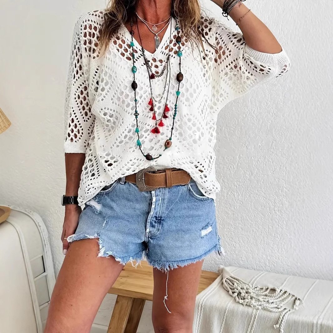 Handmade Crochet V‐Neck Boho Top | Apricot Summer Essential