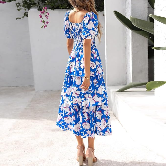 💃Women's Floral Square Neck Puff Short Sleeve Smocked Tiered Dress