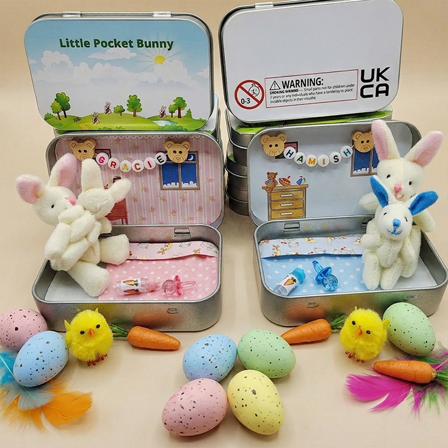 Bunny Easter Plush mummy and baby bunnies in Pocket Tin: role play sibling Gift, Easter gift