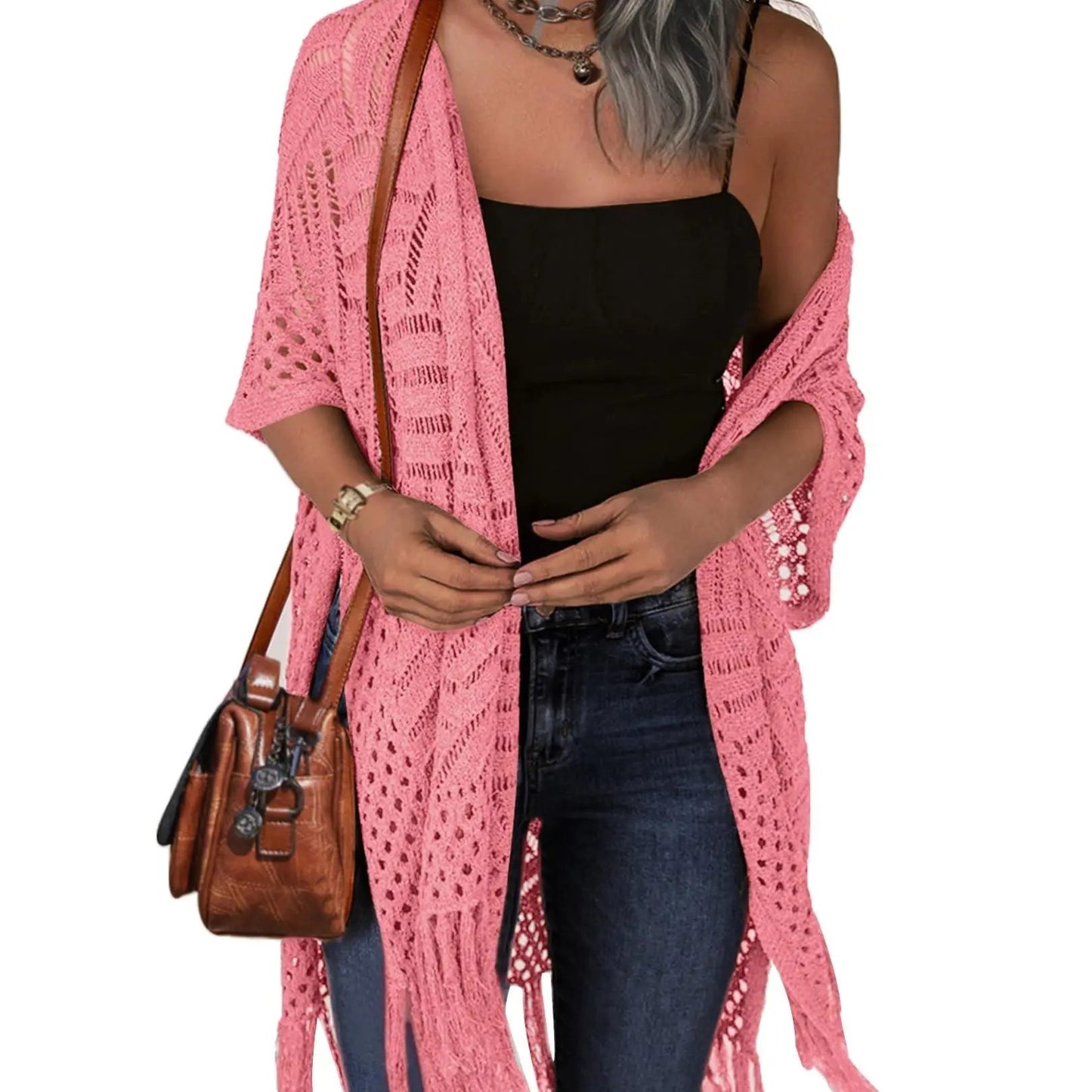 Womens Knit Cardigan Oversized Open Front Outwear New Spring & Summer Hollow Out Crochet Tassel Lightweight Kimonos Sweater Outdoorfun