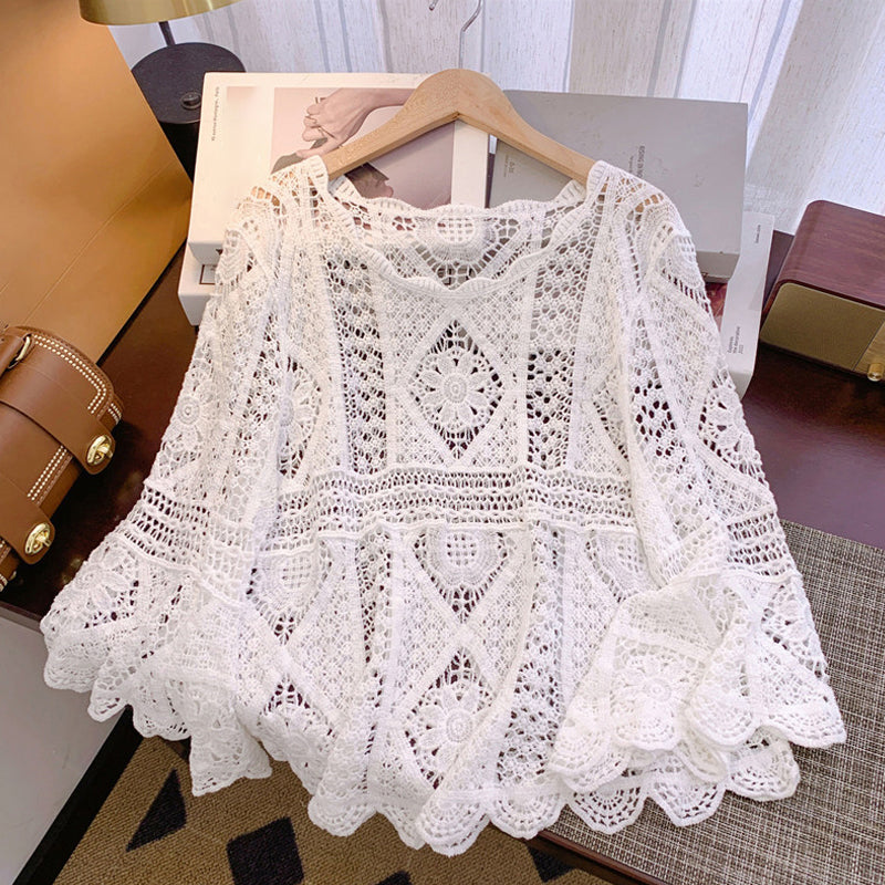 π π Women's Vintage-Inspired Lace Cover-Up Blouse β Flare Sleeves, Bohemian Beachwear πΈ