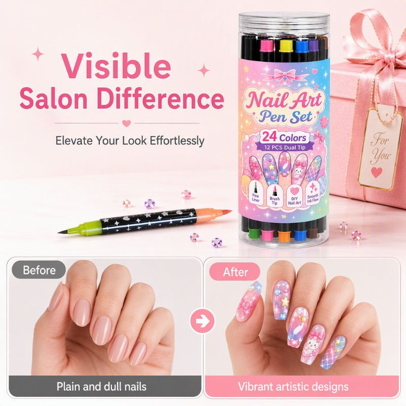📢📢48% OFF !!⏰️ Dual‑Tip Nail Art Marker Set, 24 Colors DIY Nail Painting Pens for Nail Art Decor