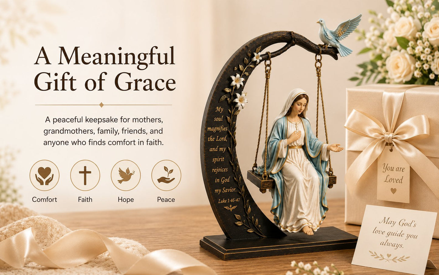 🔥Last Day Promotion! ✝️ Blessed Mary Cradle Swing Ornament – Luke 1:46–47 Faith Table Decor | Holy Virgin Prayer Sculpture with Dove & Crescent Arch Home Decoration