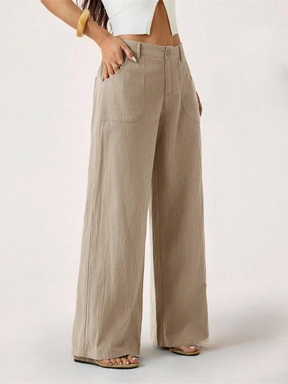 Women's Cotton Linen Palazzo Pants Summer Flowy Wide Straight Leg Beach Trousers With Pocket