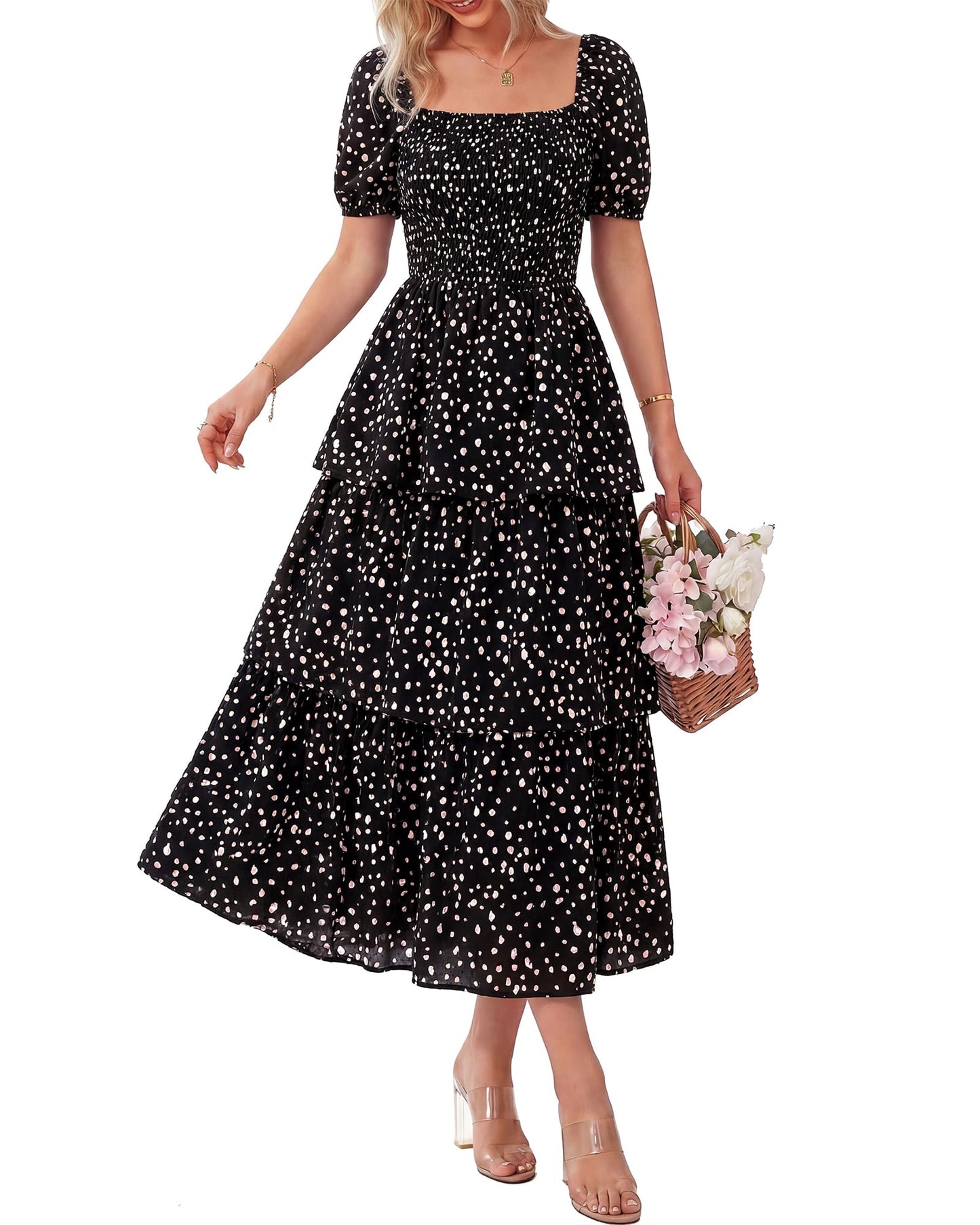 💃Women's Floral Square Neck Puff Short Sleeve Smocked Tiered Dress