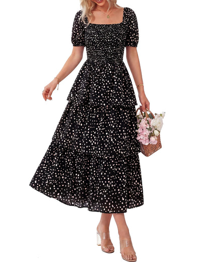 💃Women's Floral Square Neck Puff Short Sleeve Smocked Tiered Dress