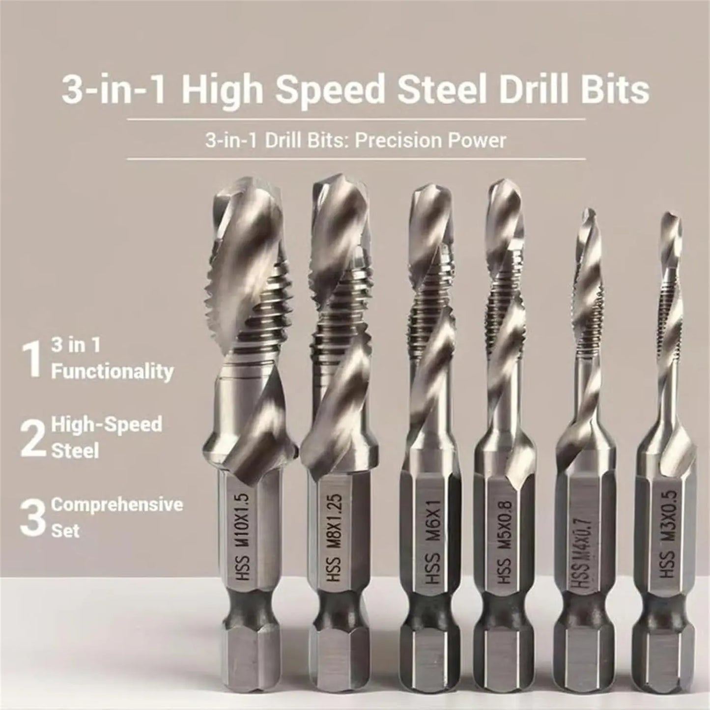 3-in-1 Hex Shank Drill Tap Bit Set – 6-Piece Cobalt HSS (M3–M10)
