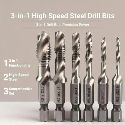 3-in-1 Hex Shank Drill Tap Bit Set – 6-Piece Cobalt HSS (M3–M10)