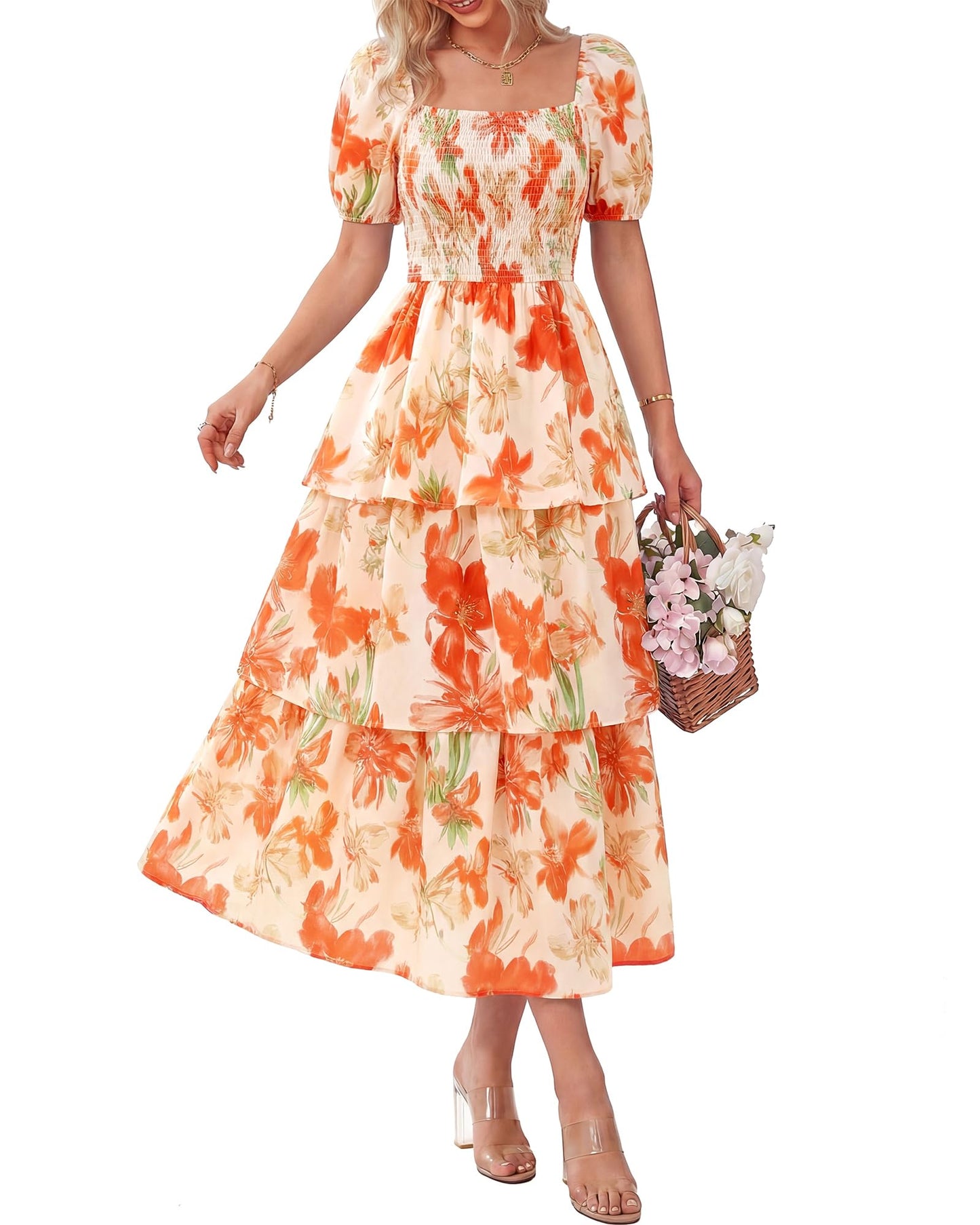💃Women's Floral Square Neck Puff Short Sleeve Smocked Tiered Dress