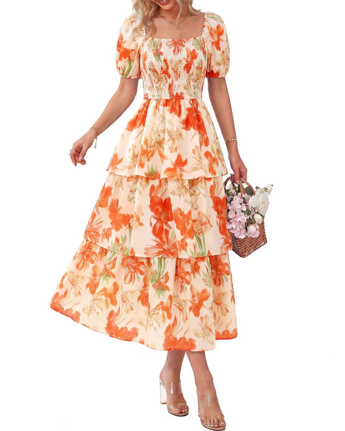 💃Women's Floral Square Neck Puff Short Sleeve Smocked Tiered Dress