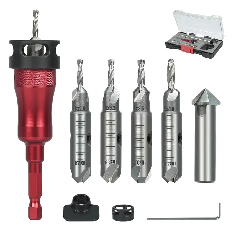 8pcs Countersink Drill Bit Set with Low-Friction Depth Stop, HSS M2 Tapered Drill Bits