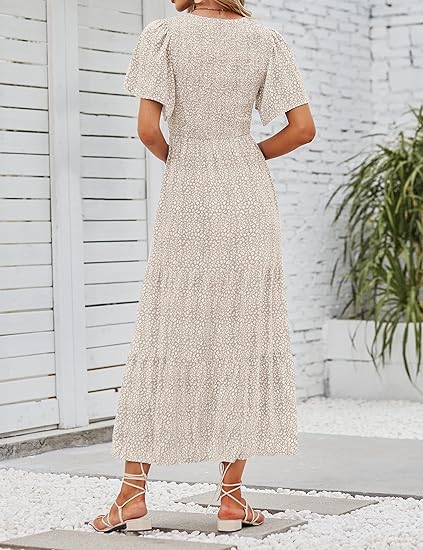 Women's 2026 Summer Casual Floral Print Short Flutter Sleeve Crew Neck Smocked High Waist Flowy Maxi Dress