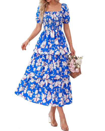 💃Women's Floral Square Neck Puff Short Sleeve Smocked Tiered Dress