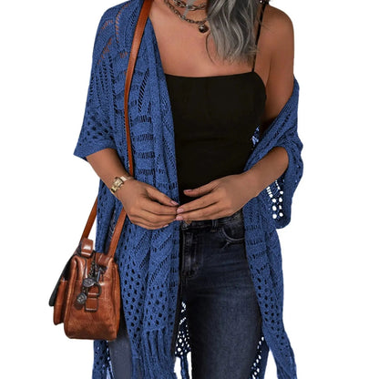 Womens Knit Cardigan Oversized Open Front Outwear New Spring & Summer Hollow Out Crochet Tassel Lightweight Kimonos Sweater Outdoorfun