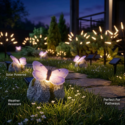 🦋 Solar Butterfly Stone Garden Light, Waterproof LED Glowing Landscape Rock Lamp, Auto On/Off Outdoor Resin Decor for Yard, Lawn, Pathway, Patio & Porch, Perfect Garden Gift