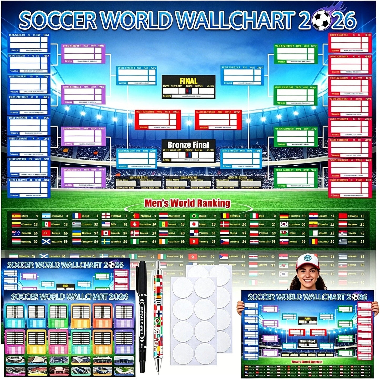 ⚽ 🏆 Ultimate 2026 Soccer Fan Wall Chart Kit – Group Stage & Knockout Posters (23.6” x 35.4”), Marker Pen & Mounting Strips Included