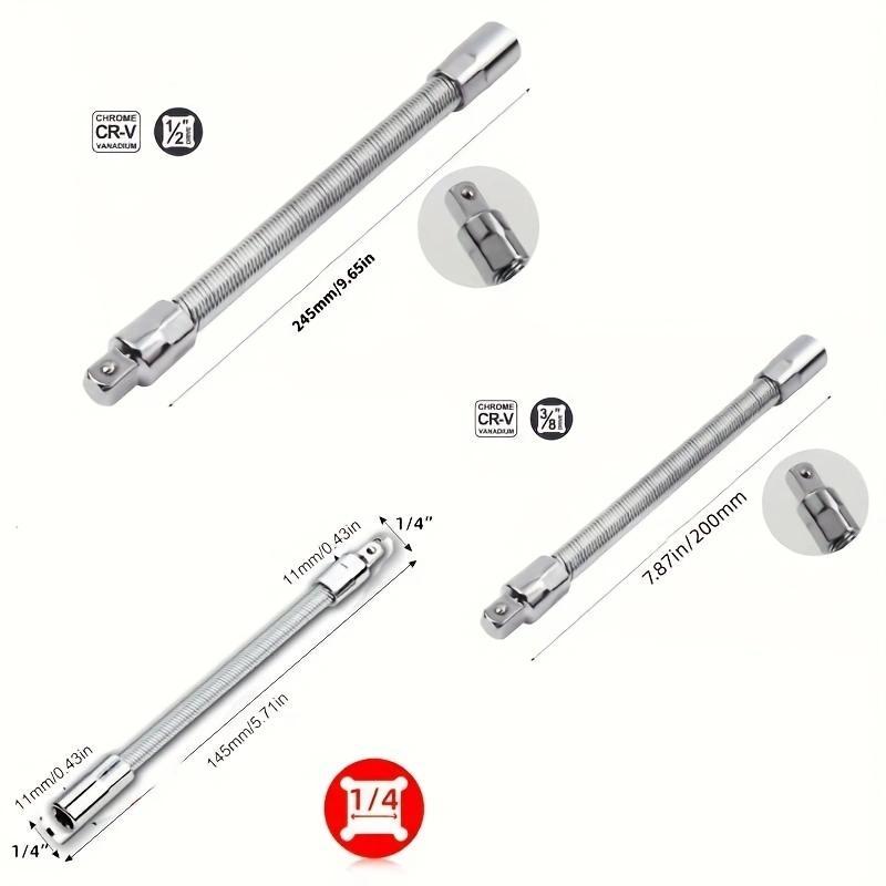 Flexible Socket Extension Bar Set – Bendable Ratchet Wrench Extensions for Tight Spaces, CR-V Steel Automotive Repair Tool Kit