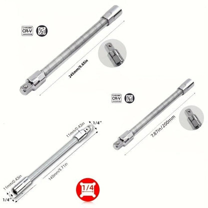 Flexible Socket Extension Bar Set – Bendable Ratchet Wrench Extensions for Tight Spaces, CR-V Steel Automotive Repair Tool Kit