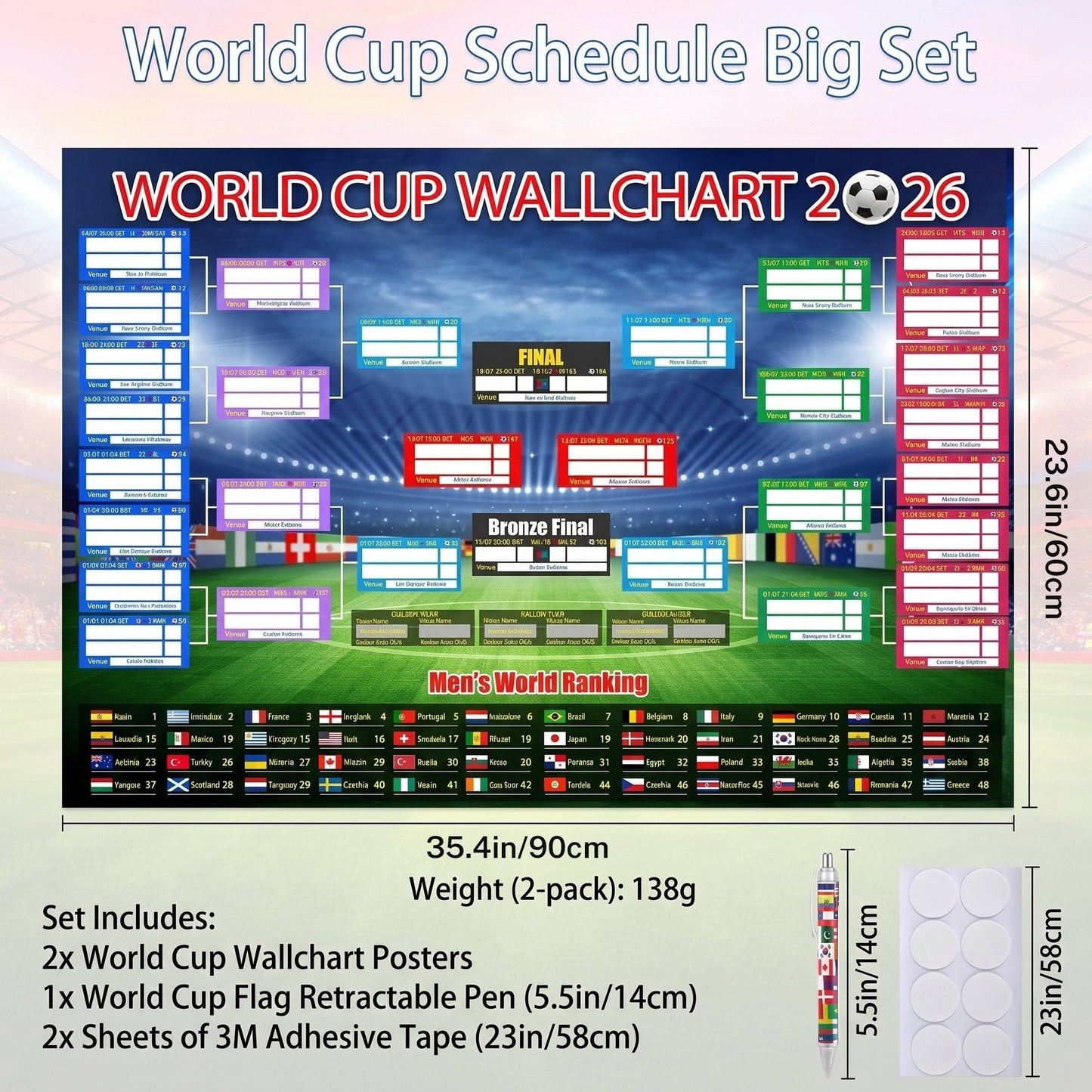 ⚽ 🏆 Ultimate 2026 Soccer Fan Wall Chart Kit – Group Stage & Knockout Posters (23.6” x 35.4”), Marker Pen & Mounting Strips Included