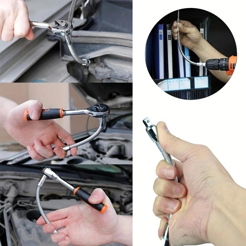 Flexible Socket Extension Bar Set – Bendable Ratchet Wrench Extensions for Tight Spaces, CR-V Steel Automotive Repair Tool Kit