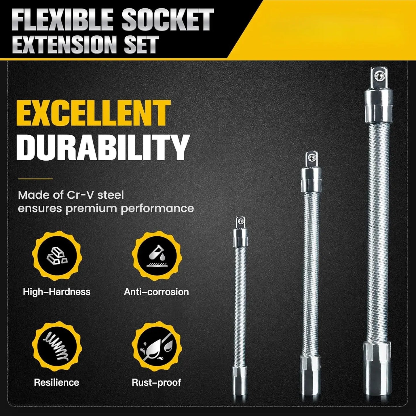 Flexible Socket Extension Bar Set – Bendable Ratchet Wrench Extensions for Tight Spaces, CR-V Steel Automotive Repair Tool Kit