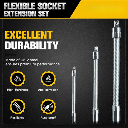 Flexible Socket Extension Bar Set – Bendable Ratchet Wrench Extensions for Tight Spaces, CR-V Steel Automotive Repair Tool Kit