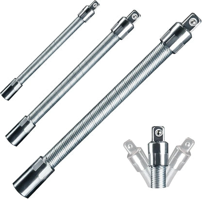 Flexible Socket Extension Bar Set – Bendable Ratchet Wrench Extensions for Tight Spaces, CR-V Steel Automotive Repair Tool Kit