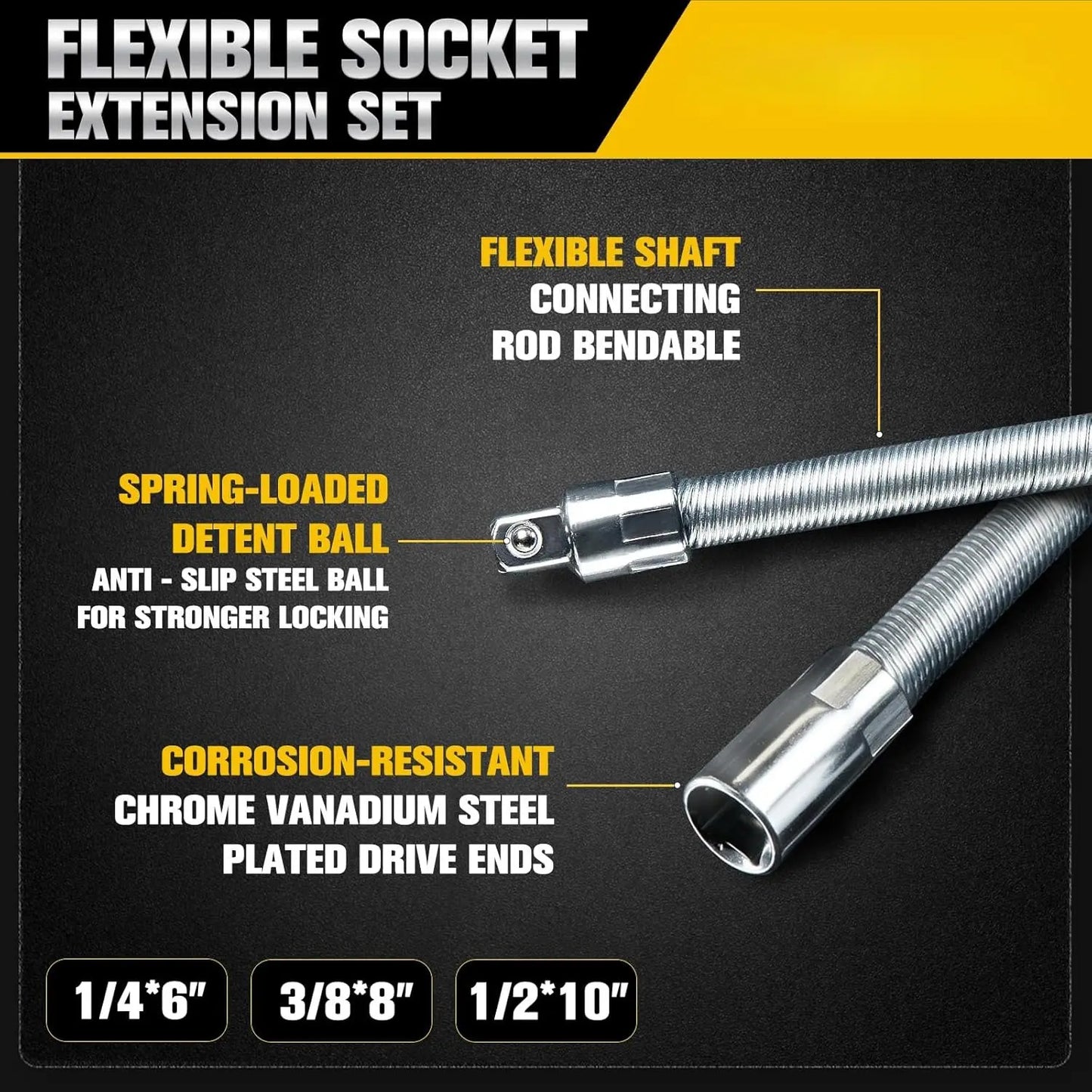 Flexible Socket Extension Bar Set – Bendable Ratchet Wrench Extensions for Tight Spaces, CR-V Steel Automotive Repair Tool Kit