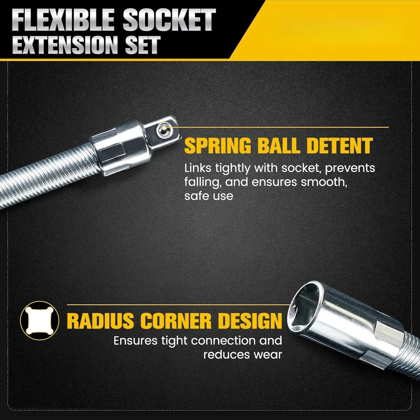 Flexible Socket Extension Bar Set – Bendable Ratchet Wrench Extensions for Tight Spaces, CR-V Steel Automotive Repair Tool Kit