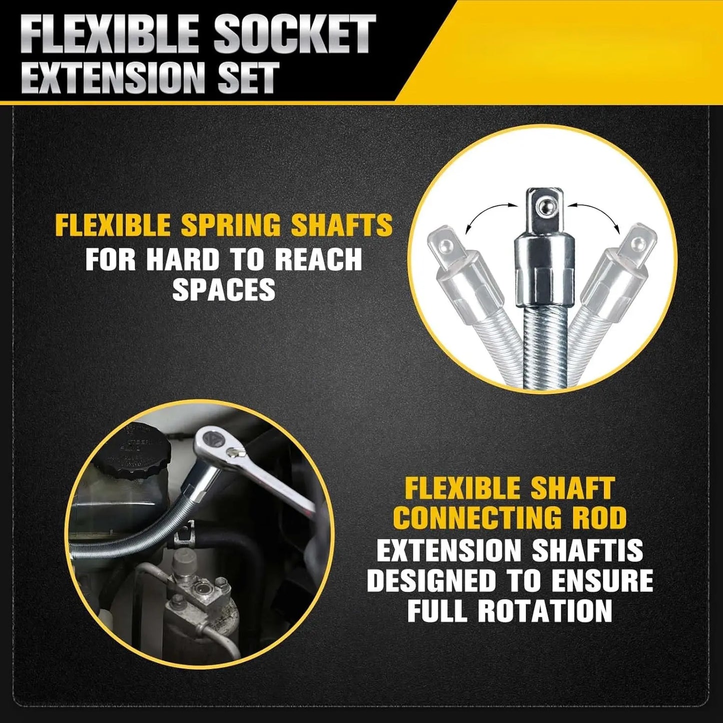 Flexible Socket Extension Bar Set – Bendable Ratchet Wrench Extensions for Tight Spaces, CR-V Steel Automotive Repair Tool Kit