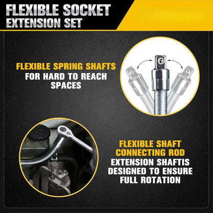 Flexible Socket Extension Bar Set – Bendable Ratchet Wrench Extensions for Tight Spaces, CR-V Steel Automotive Repair Tool Kit