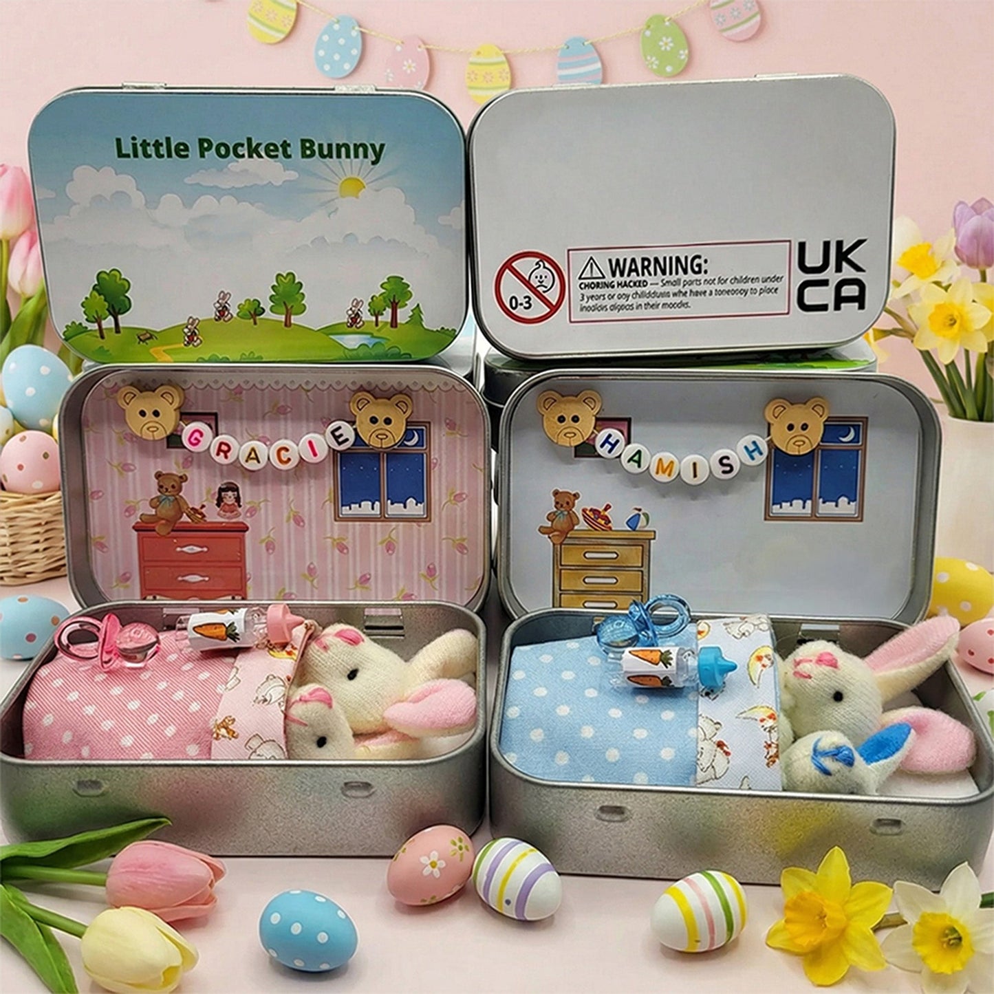 Bunny Easter Plush mummy and baby bunnies in Pocket Tin: role play sibling Gift, Easter gift