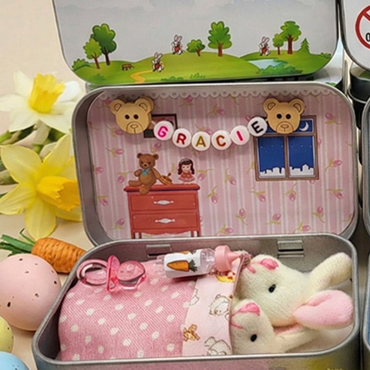 Bunny Easter Plush mummy and baby bunnies in Pocket Tin: role play sibling Gift, Easter gift