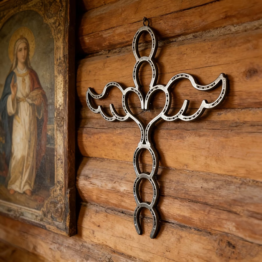 🔥Limited Edition! ✝️Handcrafted Angel Cross with Horseshoe And Heart for Garden Decoration