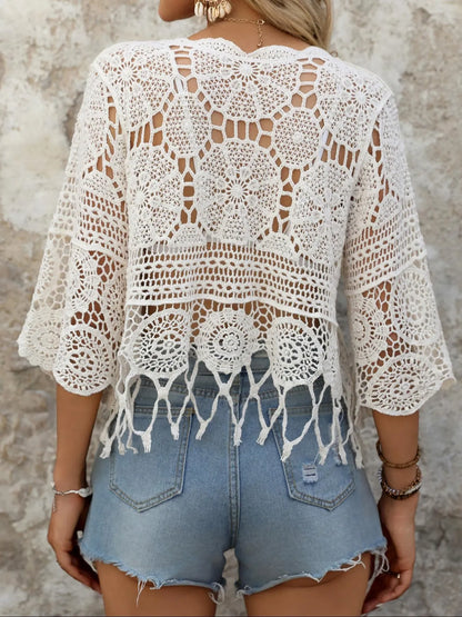 Women's Plain Fringe Trim Cut Out Sheer Cover Up, Boho Scallop Trim 3/4 Sleeve Round Neck Cover Up for Beach Vacation, Ladies Spring & Fall Clothes