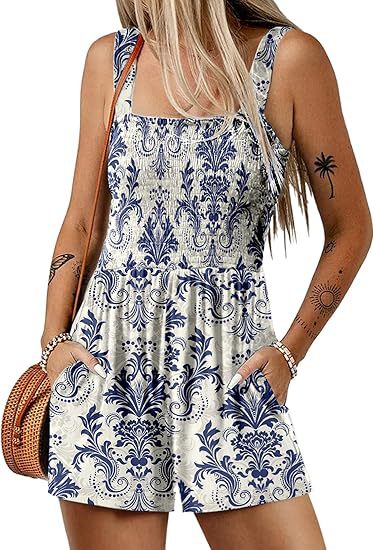 ⏰Hot Sale 49% OFF💃Women's Summer Square Neck Sleeveless Loose Casual Short Smocked Romper
