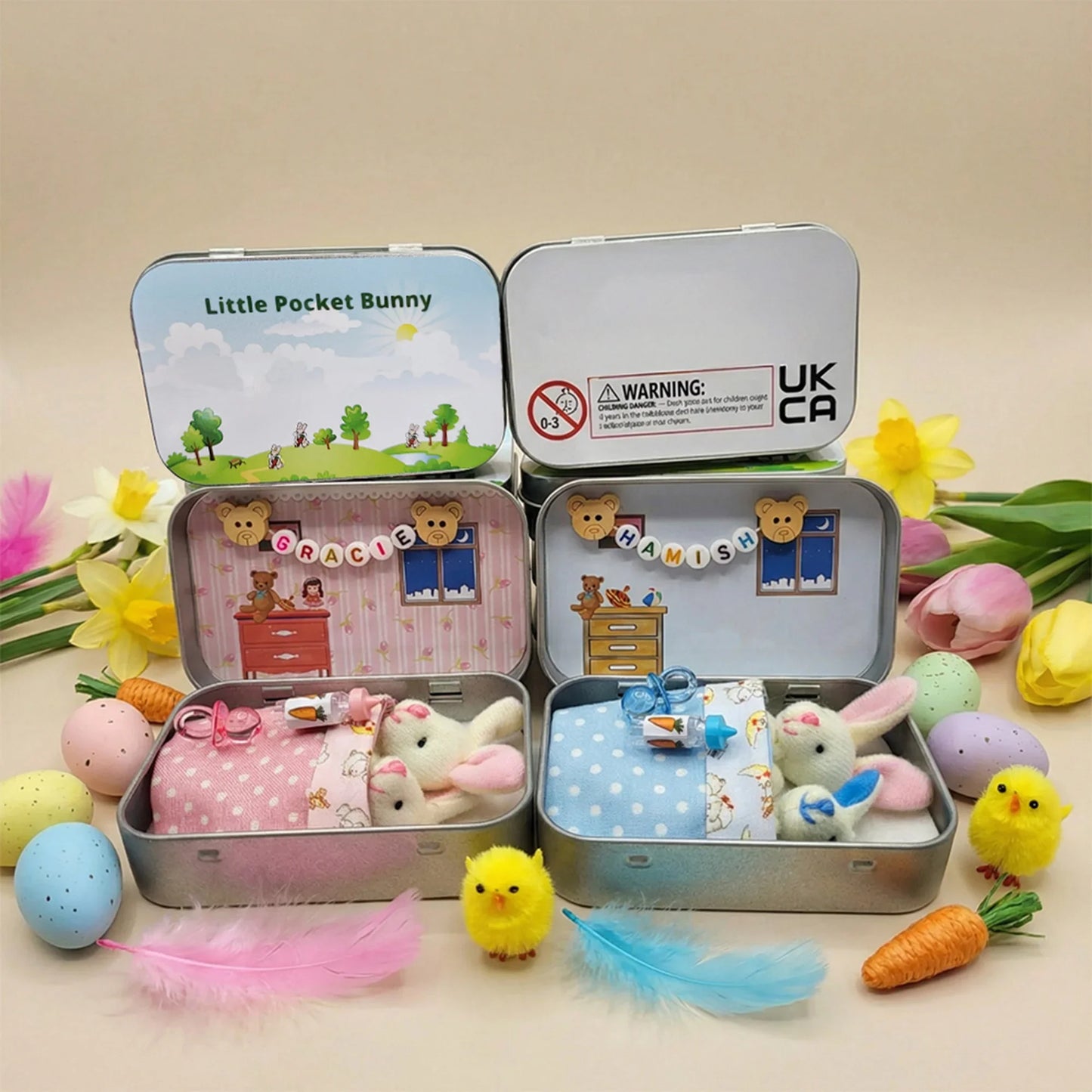 Bunny Easter Plush mummy and baby bunnies in Pocket Tin: role play sibling Gift, Easter gift