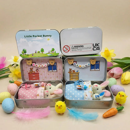 Bunny Easter Plush mummy and baby bunnies in Pocket Tin: role play sibling Gift, Easter gift