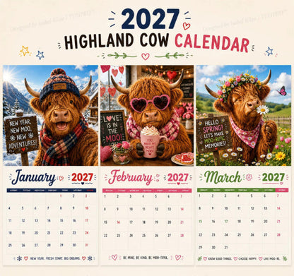 2027 Funny Highland Cow Wall Calendar A4 Hanging Calendar