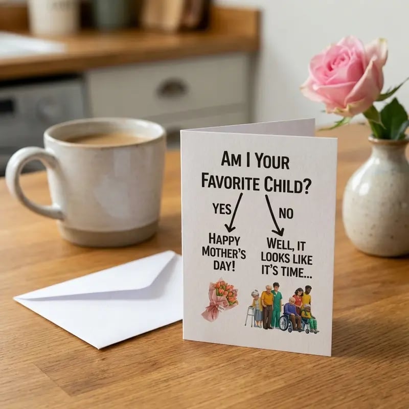 💐 Funny Mother’s Day Card: "Favorite Child" Gag Gift – 4x6 Blank Folded Cardstock – Personalize for Mom 🎈