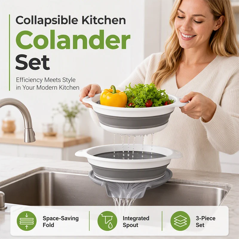 🥗 New Arrivals 49% OFF💥3-Piece Collapsible Colander Set with Draining Base – Space-Saving Kitchen Strainers for Fruits, Pasta & Vegetables