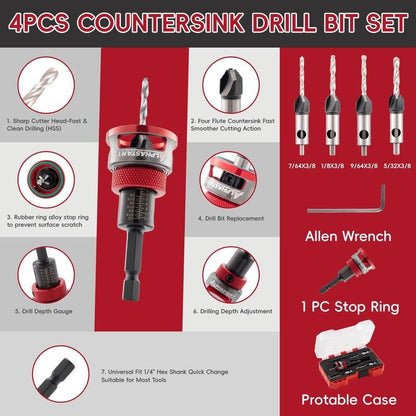 🔥Countersink Drill Bit Set with Depth Stop 4PCS, HCS Four Blades🛠️