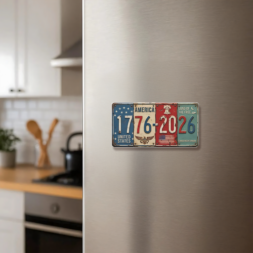 USA 250th Anniversary Fridge Magnet | Rustic License Plate Art 1776-2026 Semiquincentennial Decor 684512