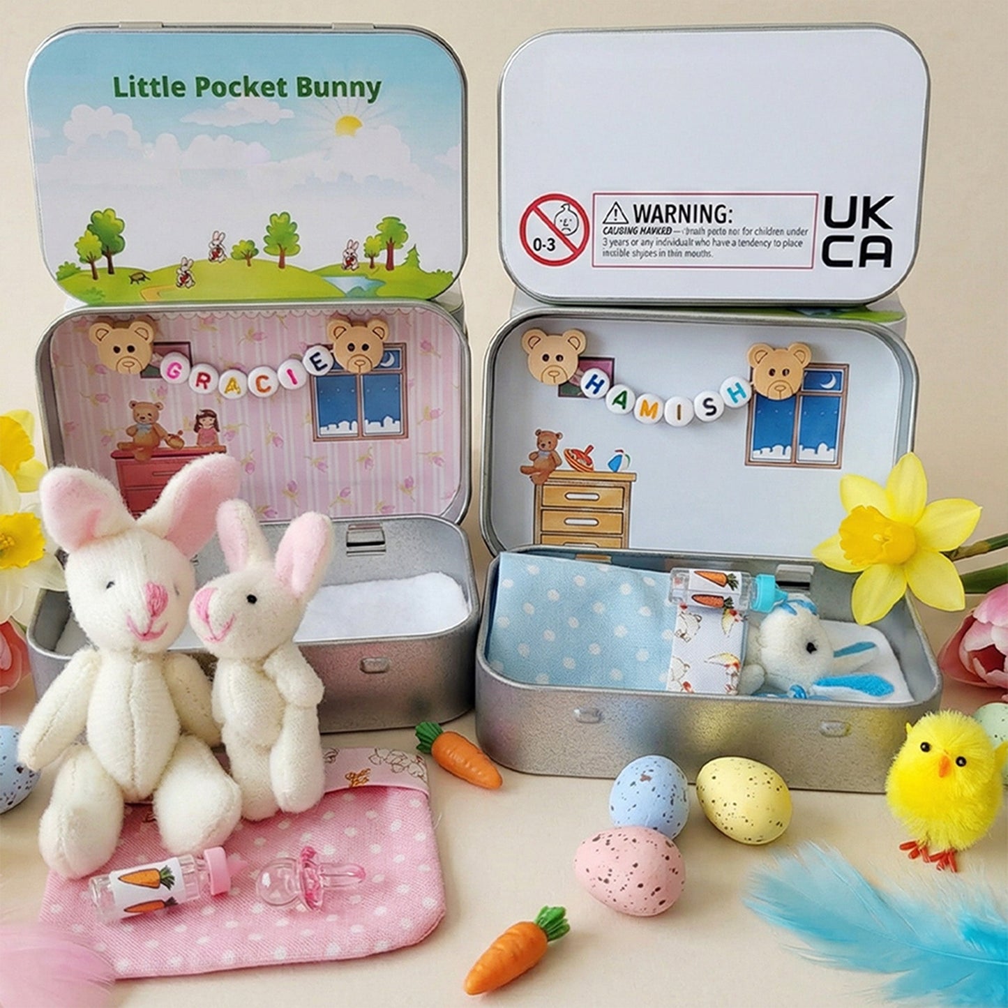 Bunny Easter Plush mummy and baby bunnies in Pocket Tin: role play sibling Gift, Easter gift