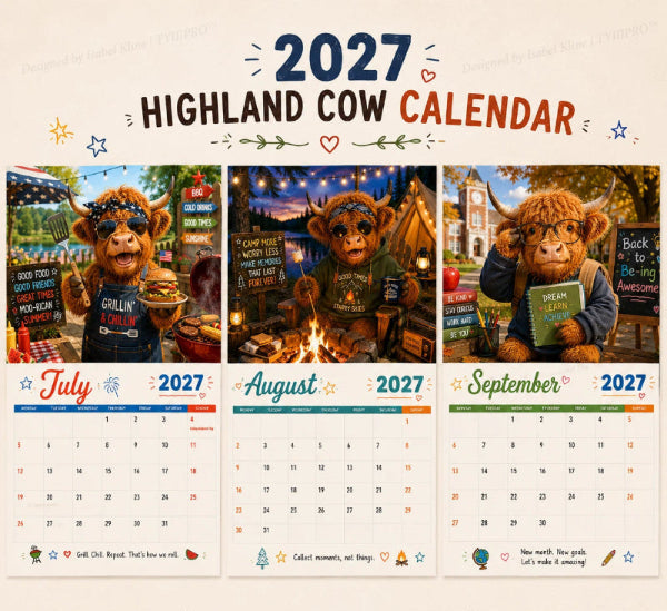 2027 Funny Highland Cow Wall Calendar A4 Hanging Calendar