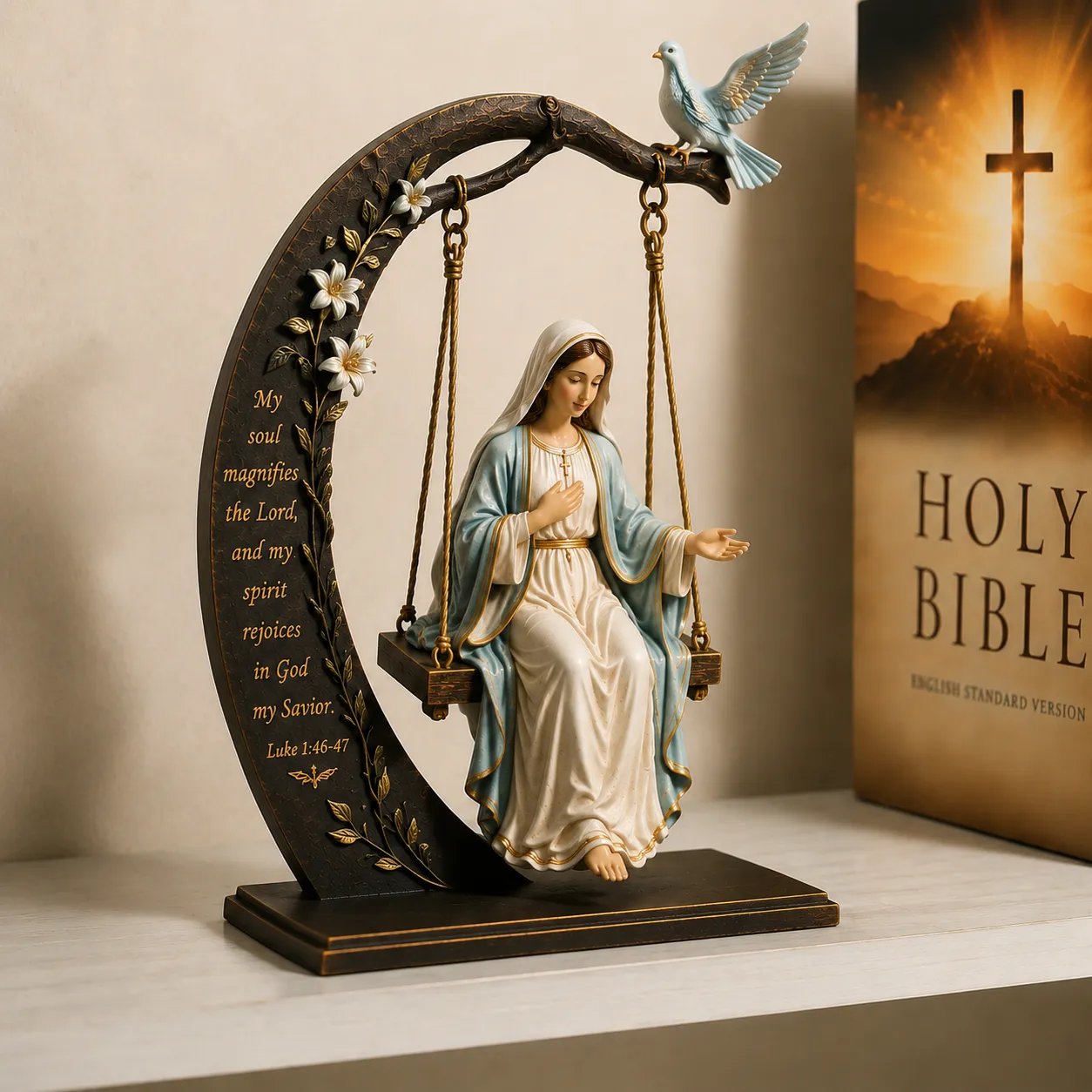🔥Last Day Promotion! ✝️ Blessed Mary Cradle Swing Ornament – Luke 1:46–47 Faith Table Decor | Holy Virgin Prayer Sculpture with Dove & Crescent Arch Home Decoration