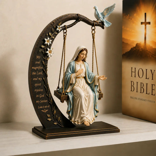 🔥Last Day Promotion! ✝️ Blessed Mary Cradle Swing Ornament – Luke 1:46–47 Faith Table Decor | Holy Virgin Prayer Sculpture with Dove & Crescent Arch Home Decoration